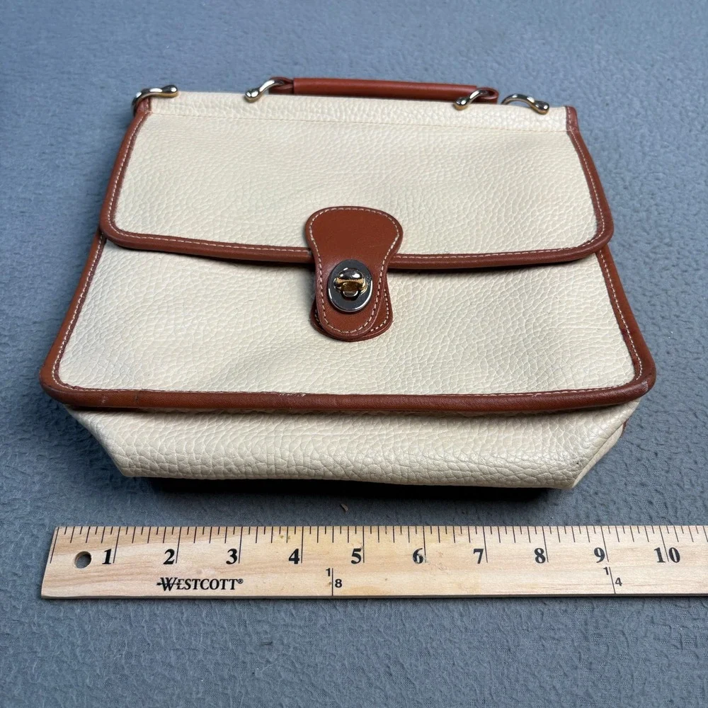 Vintage Pebbled Leather Satchel Handbag Cream Brown Turn Lock Top Handle Bag